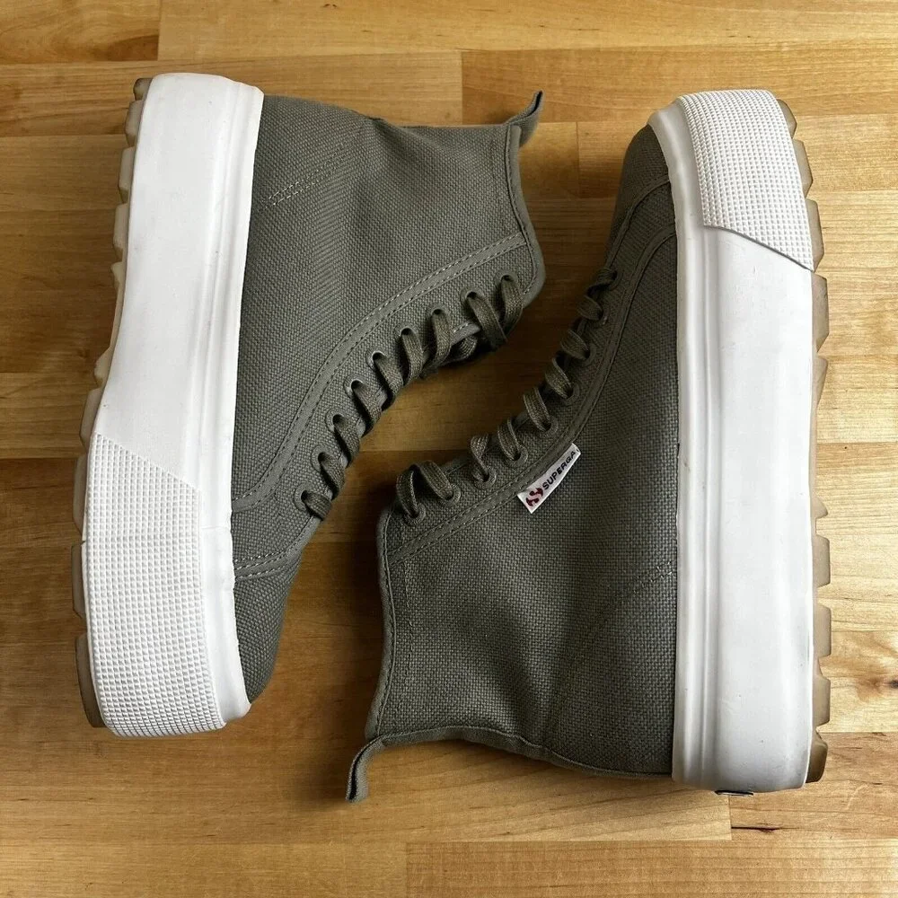 Superga 2708 High Top Tank Sneakers Platform Shoes Green Canvas Womens 9 Men 7.5